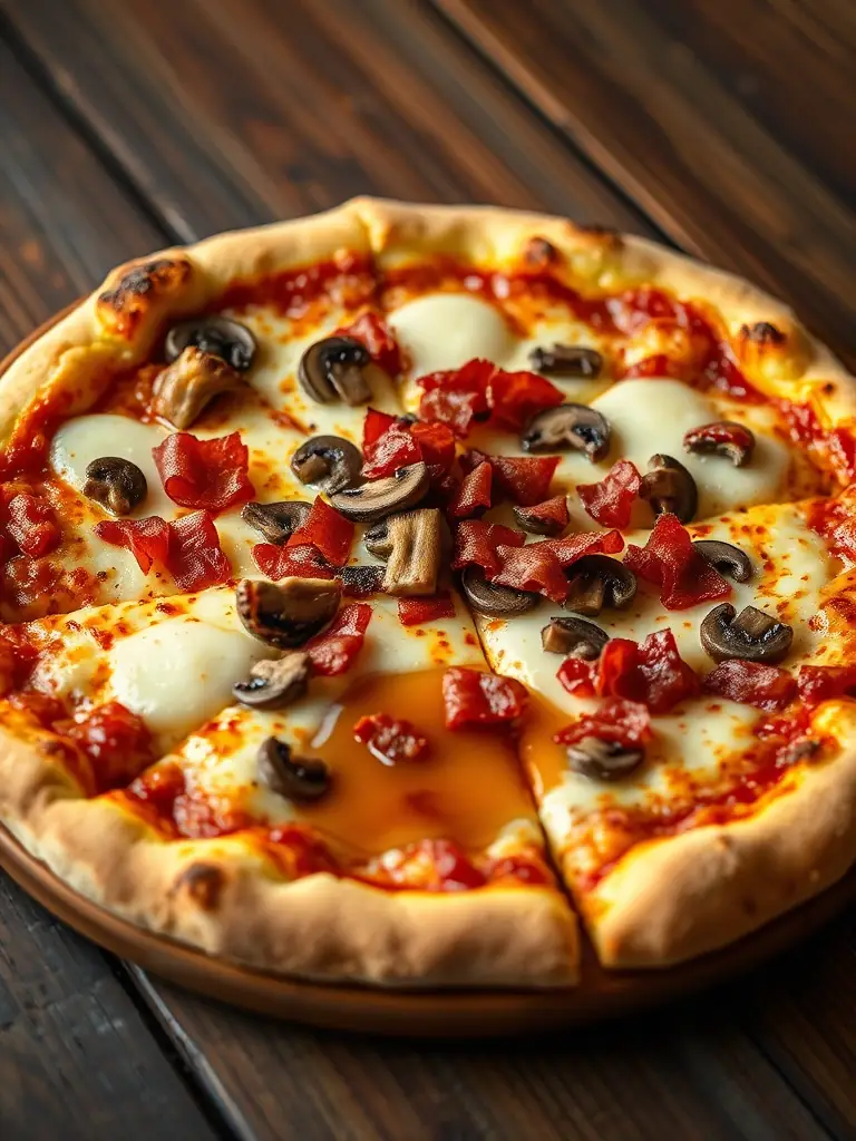 A mouth-watering image of a Canadian pizza, showcasing bacon, mushrooms, and mozzarella cheese on a crispy crust, presented with a side of maple syrup for dipping.