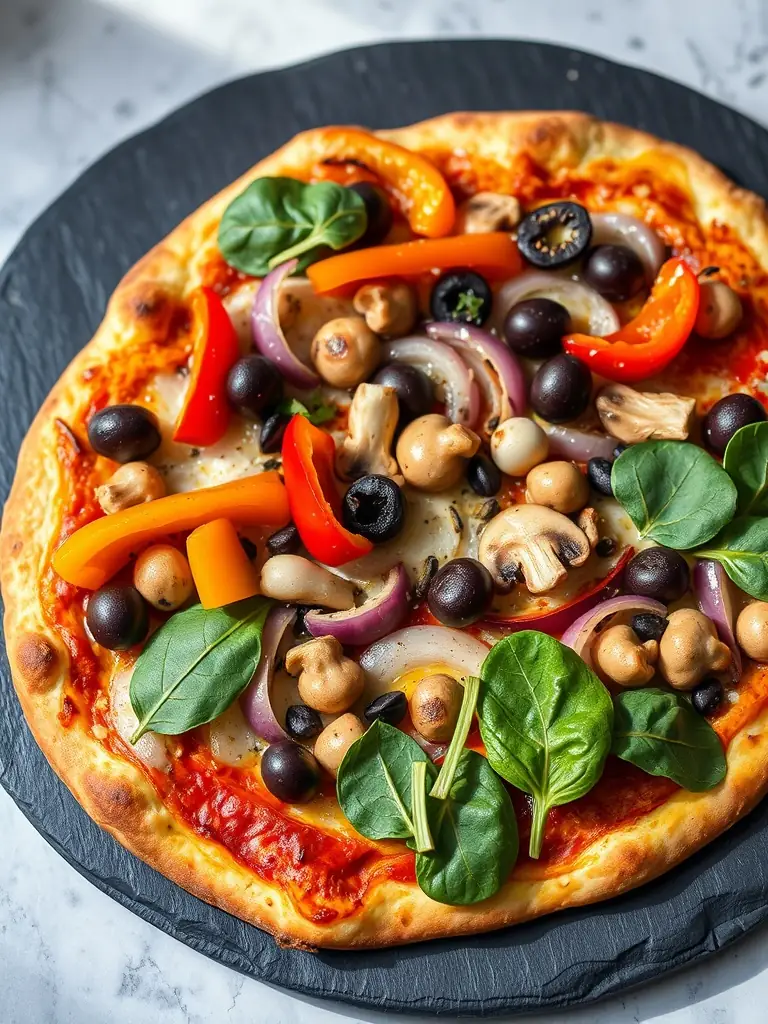 An artistic shot of a Vegetarian pizza, highlighting the colorful array of fresh vegetables such as bell peppers, mushrooms, olives, and onions on a bed of melted cheese and tomato sauce.