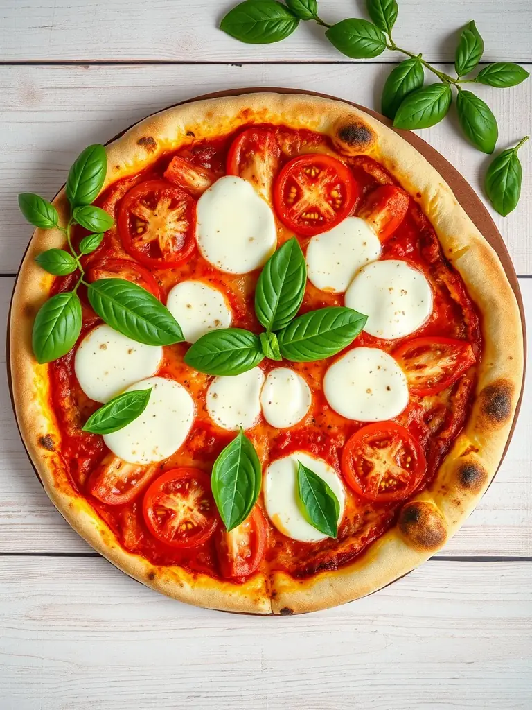 A vibrant, overhead shot of a Margherita pizza, showcasing its fresh basil leaves, melted mozzarella, and vibrant tomato sauce on a perfectly charred crust, presented in a warm, inviting setting.