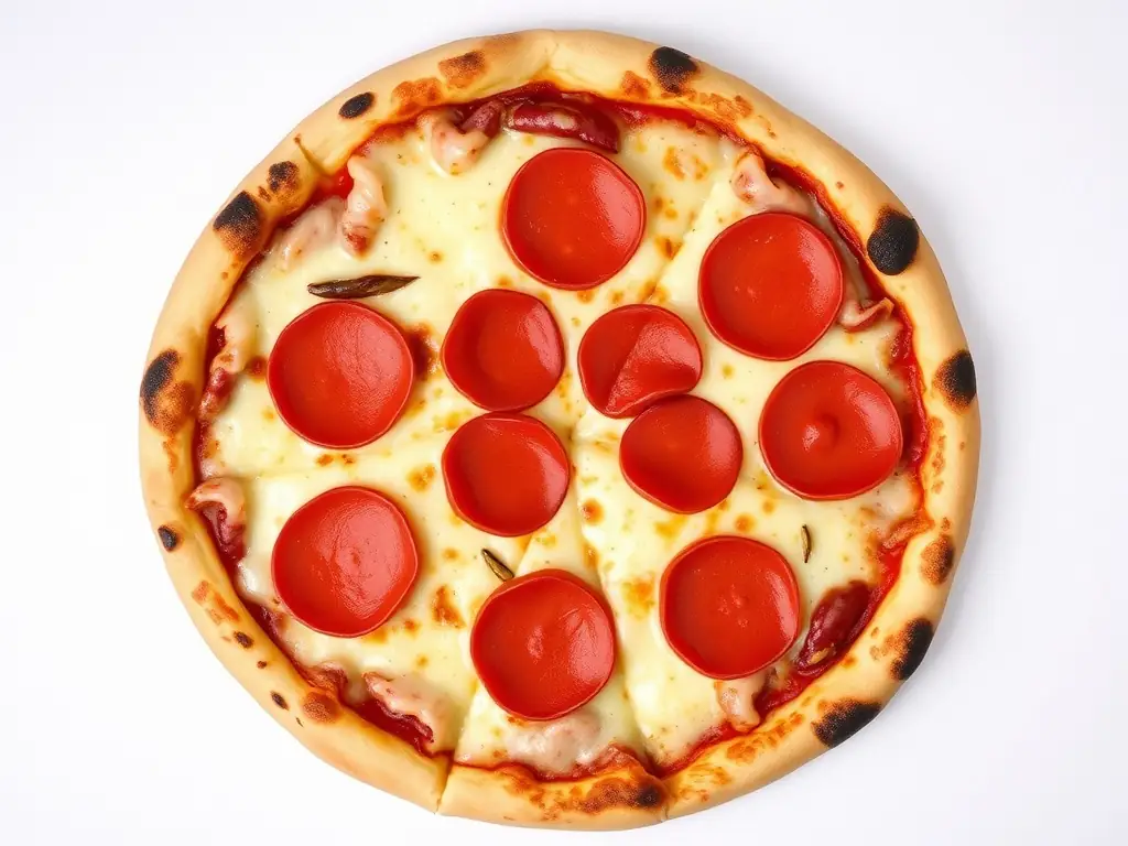 A vibrant image of a Pepperoni pizza with melted cheese and crispy pepperoni slices, emphasizing the rich and savory flavors.