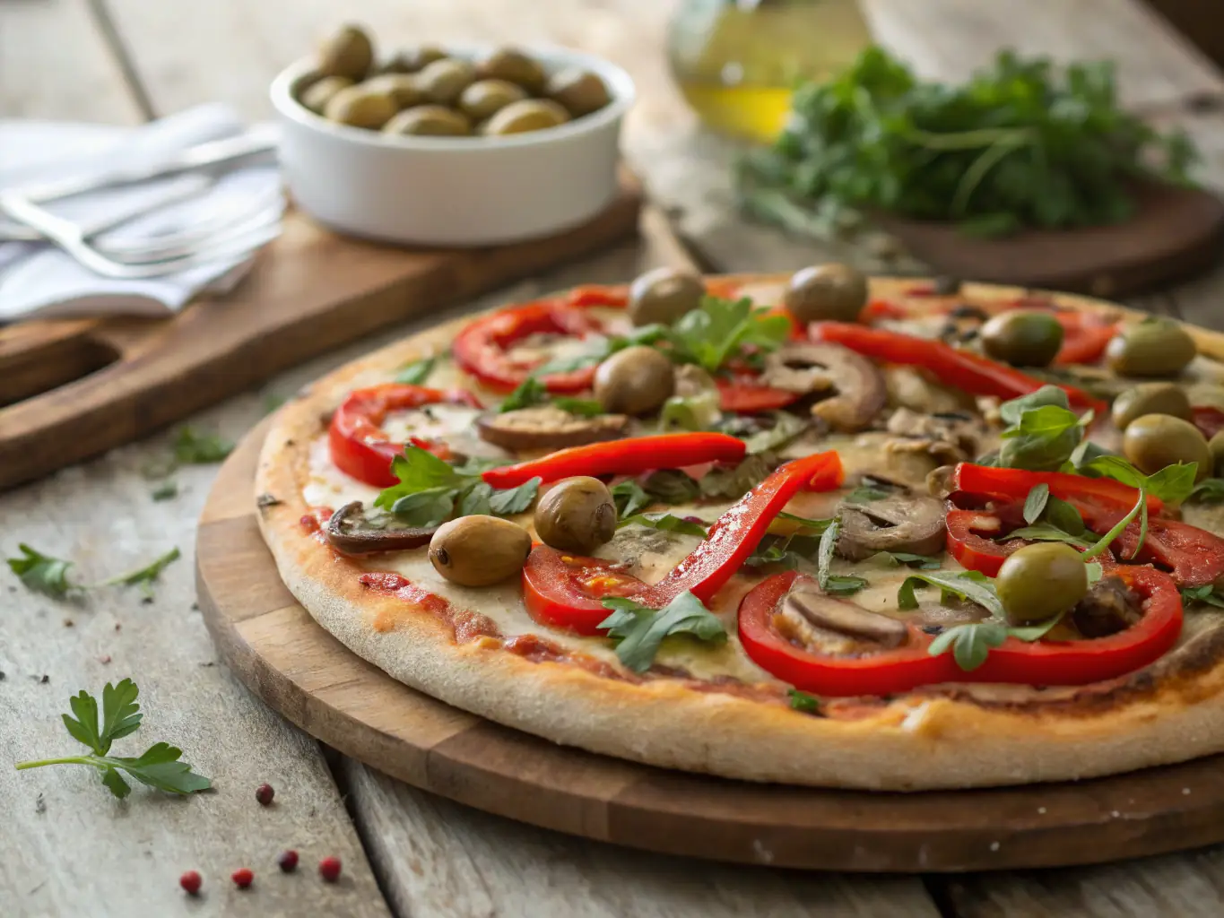 A visually appealing image of a Vegetarian pizza with colorful vegetables like bell peppers, mushrooms, and olives, showcasing the freshness and variety of toppings.